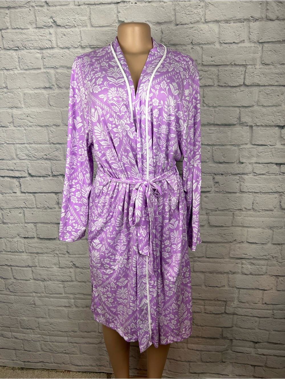 Carole Hochman Robe 1X Purple White Floral Belted Long Sleeve Lounge Pockets